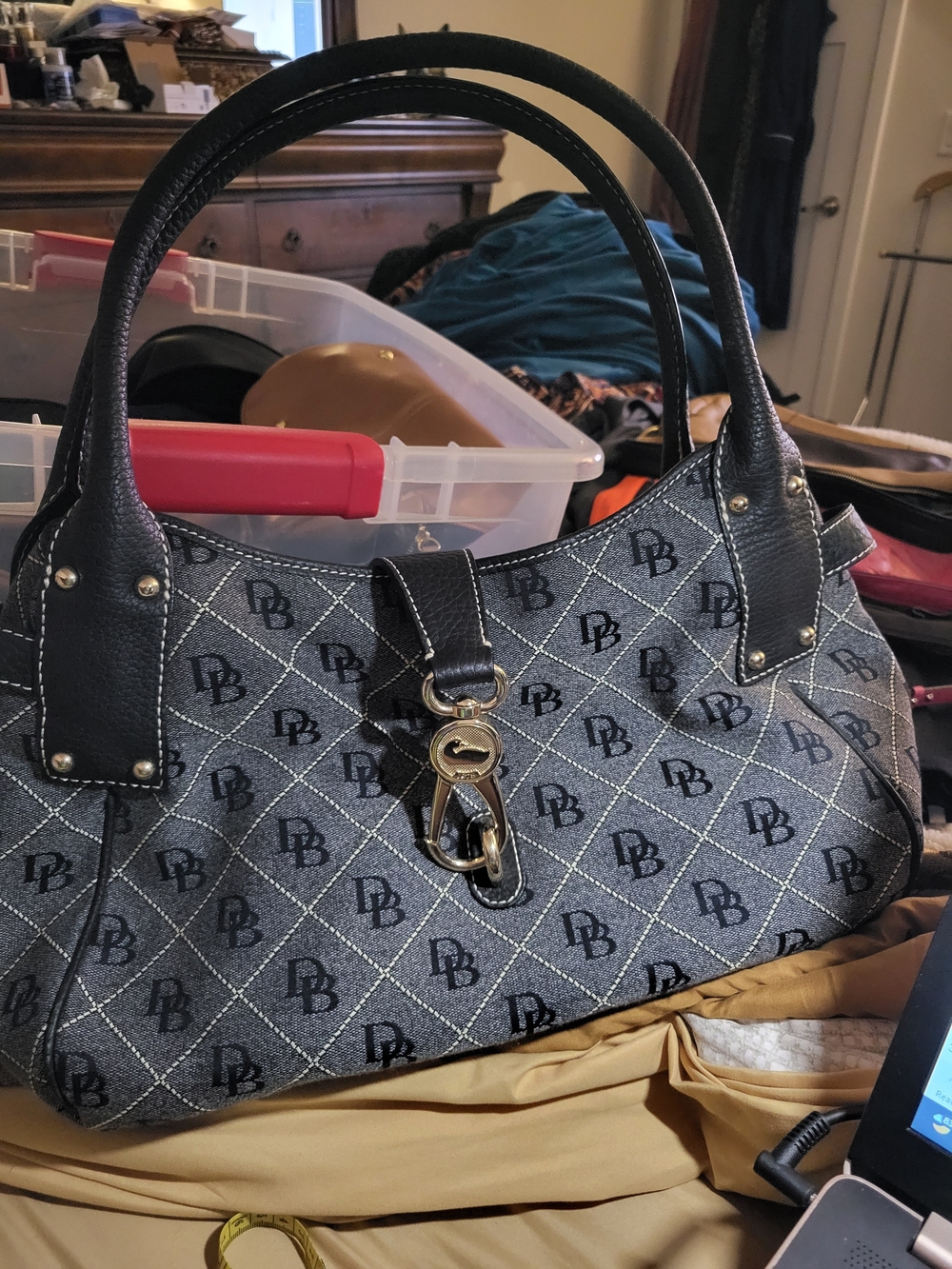 Dooney & Bourke Black Logo Jacquard Satchel with Leather Trim